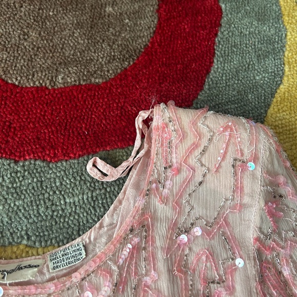 100% Pure Silk Vintage Retro Pink Long Sleeve Dress Beaded Sequins Made in India - Picture 5 of 9